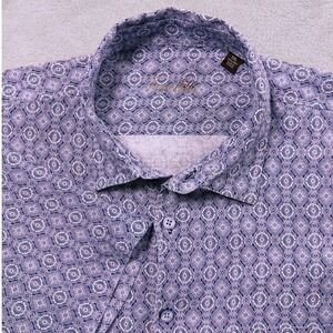 Tasso Elba Men's 2XL Geometric Blue Print Short Sleeve Linen Button Down Shirt